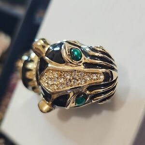 Vintage Gold Tone Black Enamel Cougar Brooch